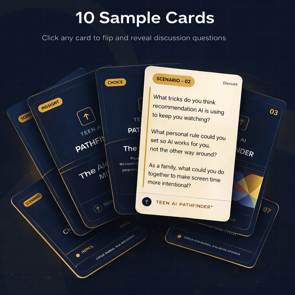Teen AI Pathfinder AI Conversation Card Deck with 10 colorful cards featuring engaging prompts for discussions and learning.